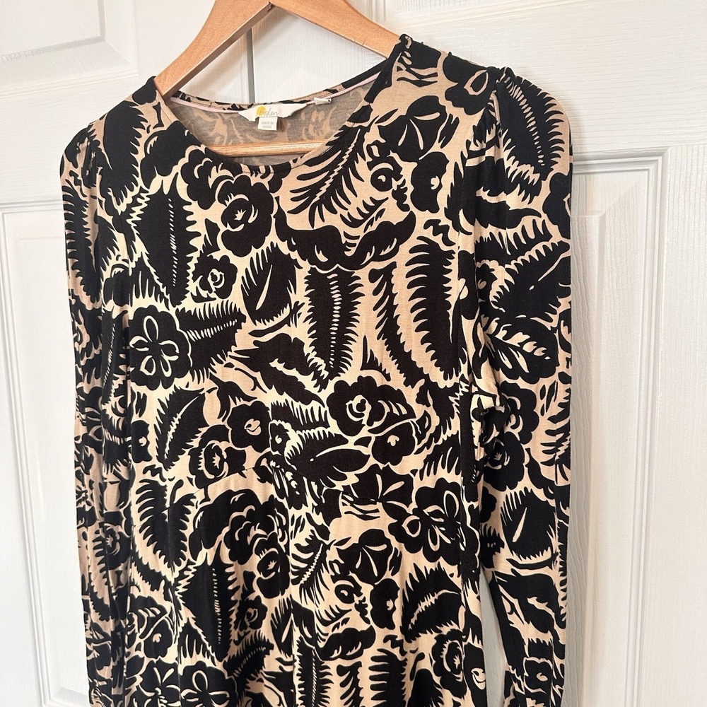 BODEN Crew Neck Jersey Knit Midi Dress Floral Abstract Garden Black Tan Size 8 P - Picture 4 of 16
